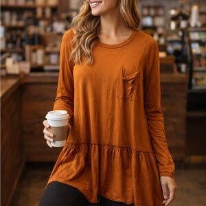 Rust Long Sleeve Top with Pocket Detail
